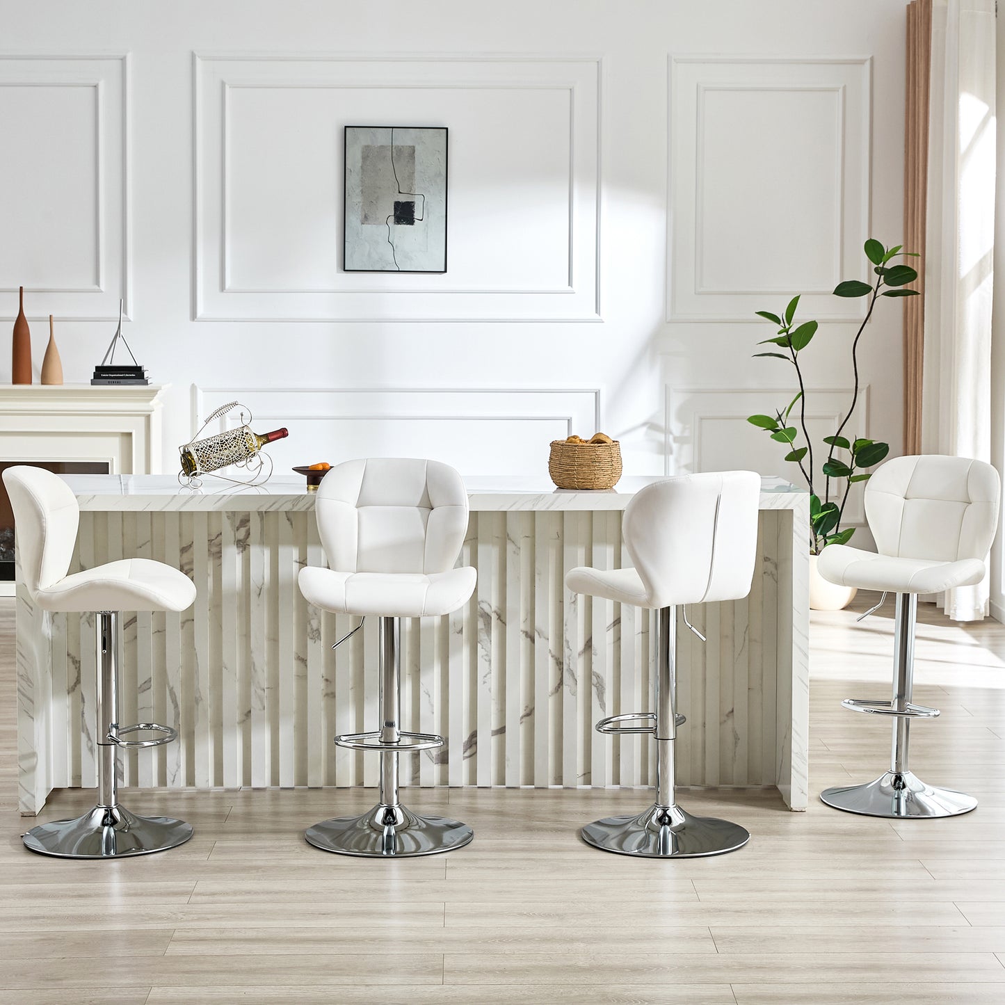 Set of 2 Height Adjustable Bar Stools, White PU - Kitchen Island Seating