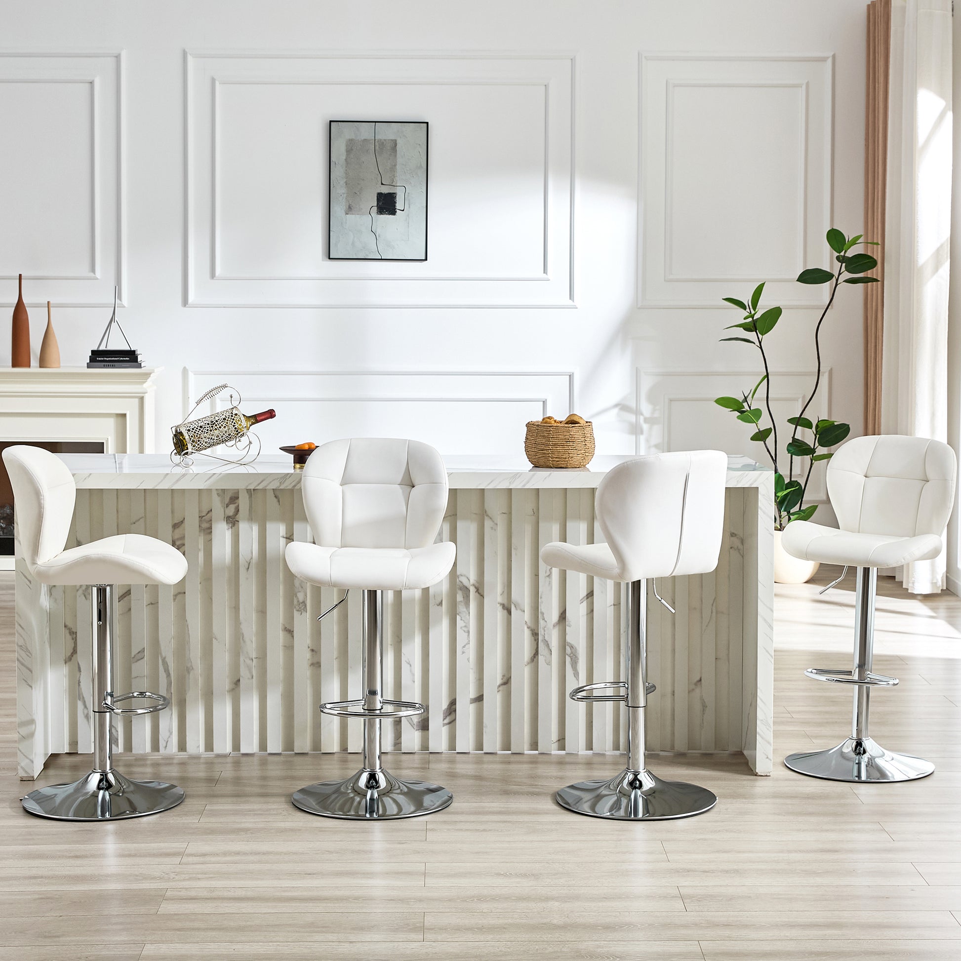 Set of 2 Height Adjustable Bar Stools, White PU - Kitchen Island Seating