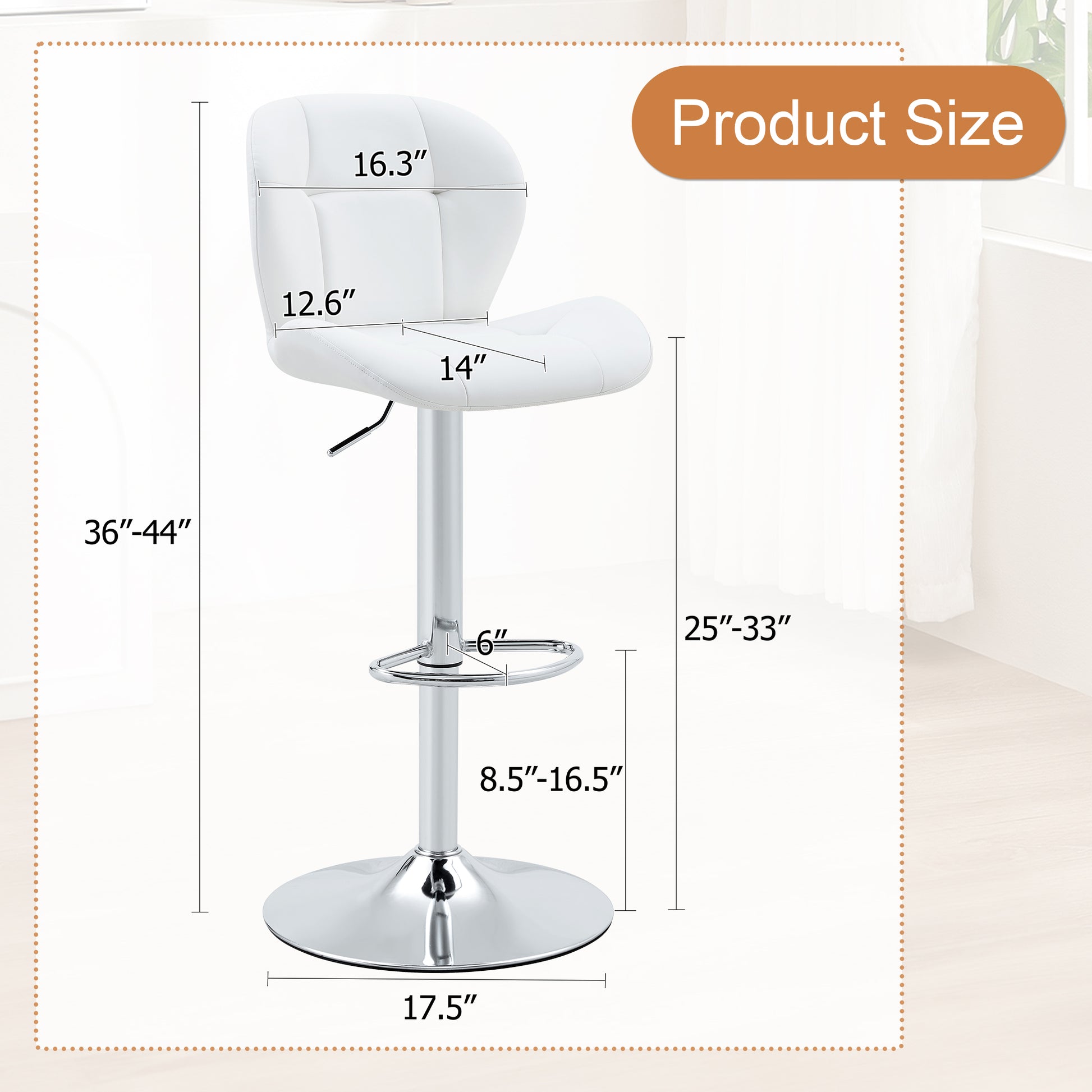 Set of 2 Height Adjustable Bar Stools, White PU - Kitchen Island Seating