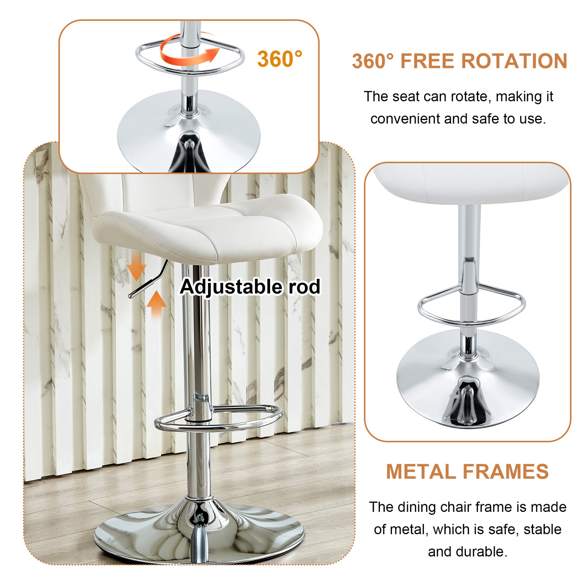 Set of 2 Height Adjustable Bar Stools, White PU - Kitchen Island Seating