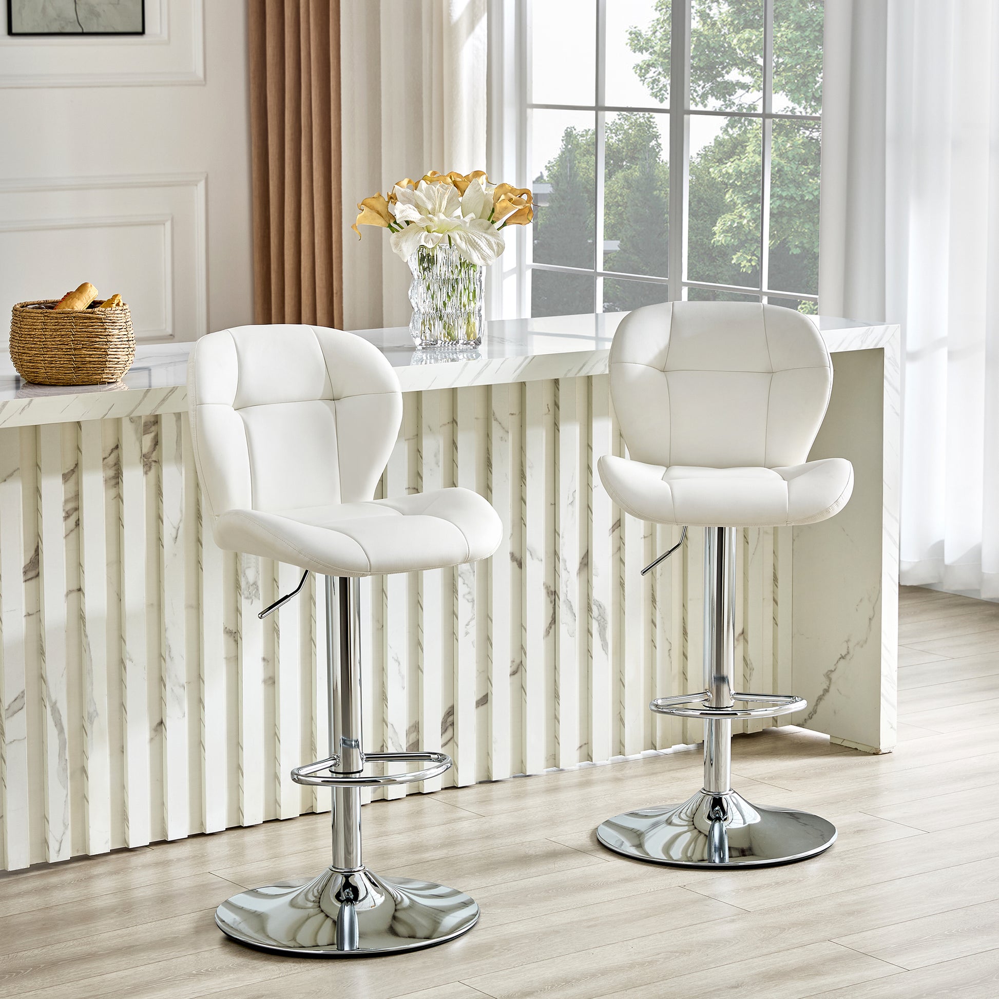 Set of 2 Height Adjustable Bar Stools, PU Upholstered Tufted Backrest Chairs with Chrome-Plated Metal Base & Footrest for Kitchen Island, Pub, Bar (White)