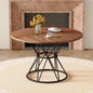 A circular dining table with a diameter of 47.3 inches, featuring 4 walnut wood grain MDF tabletops, black hourglass shaped metal brackets, and a modern industrial style dining table for 4-6 people.