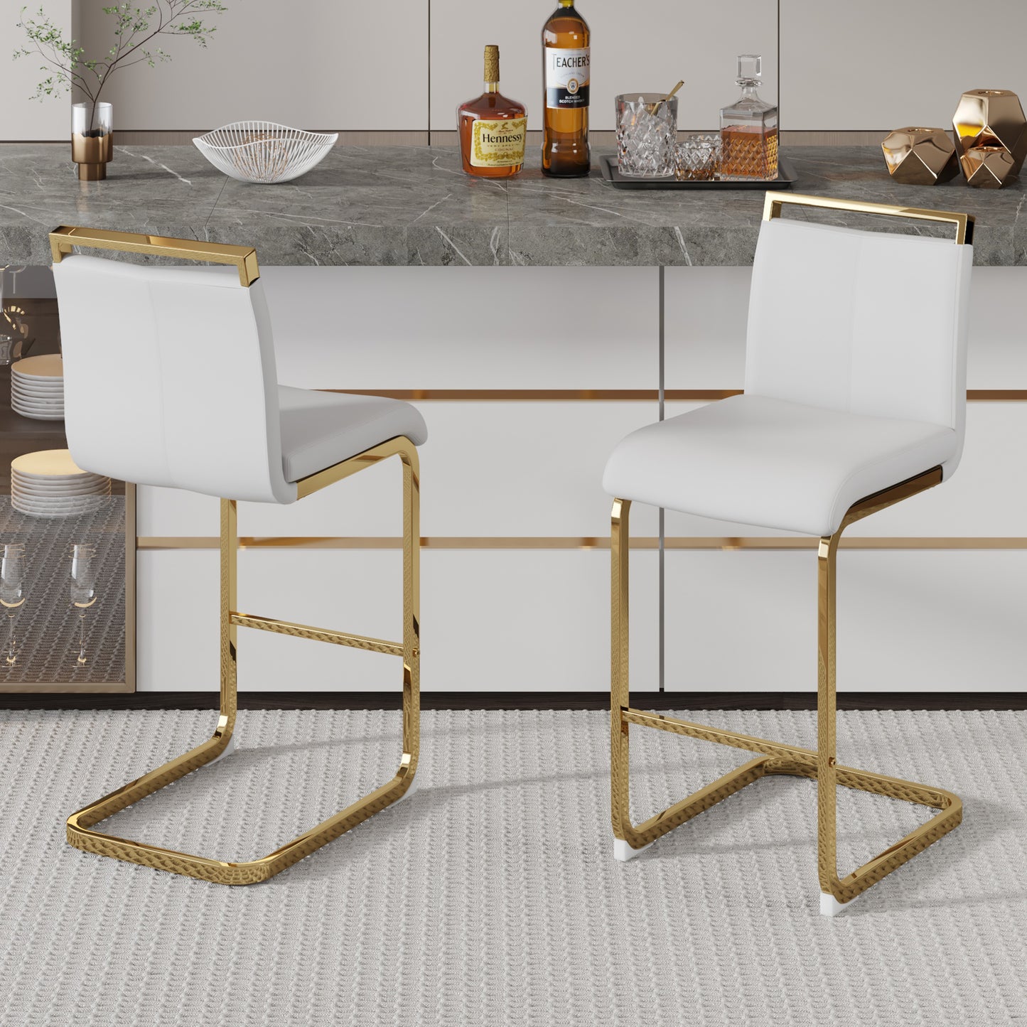 White Gold Bar Chairs - 2 Modern PU Leather Dining Chairs
