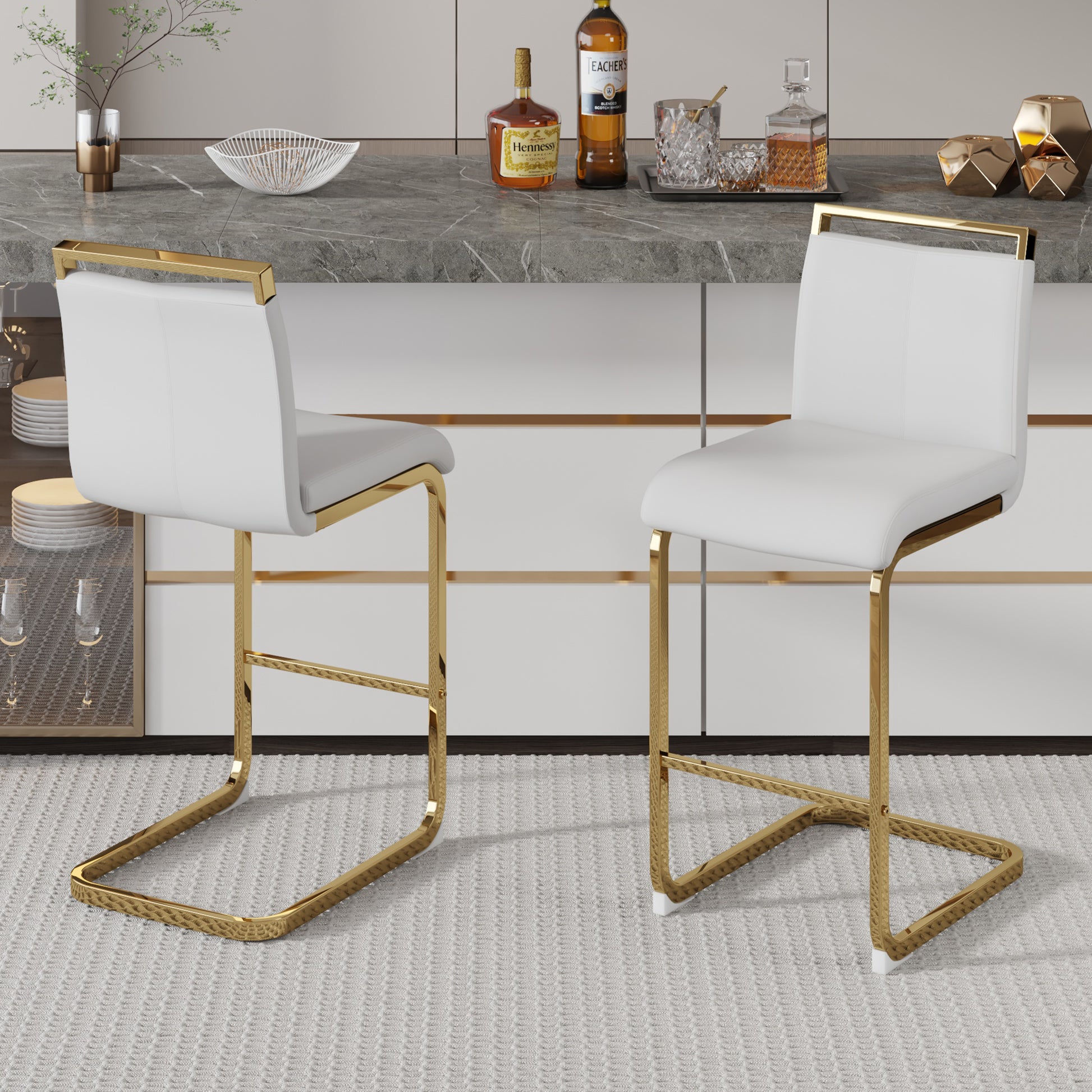 White Gold Bar Chairs - 2 Modern PU Leather Dining Chairs