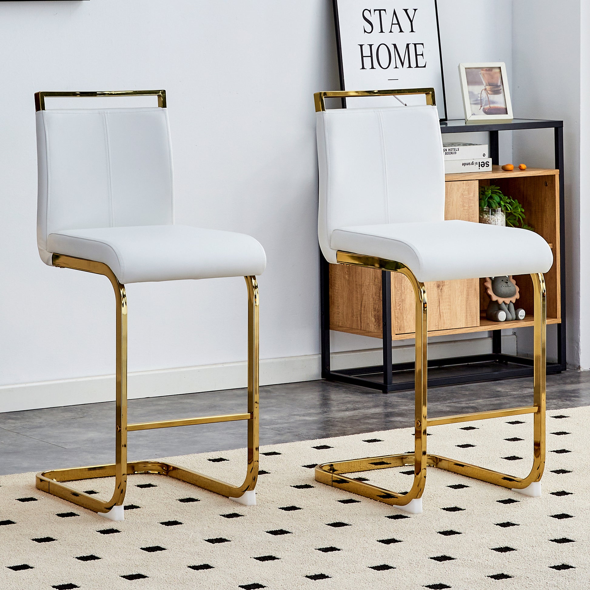 White Gold Bar Chairs - 2 Modern PU Leather Dining Chairs