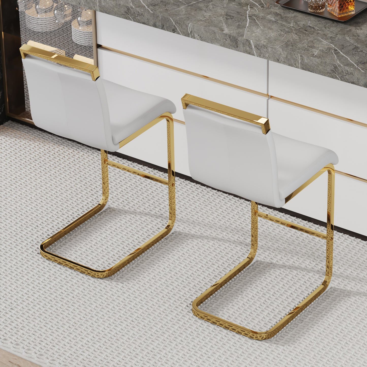 White Gold Bar Chairs - 2 Modern PU Leather Dining Chairs