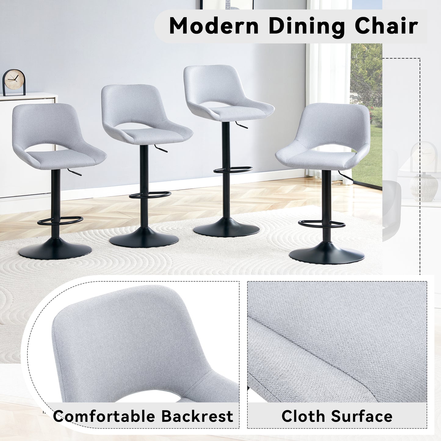 Light Gray Linen Bar Stools Set - 2 Swivel Adjustable Stools for Kitchen Islands