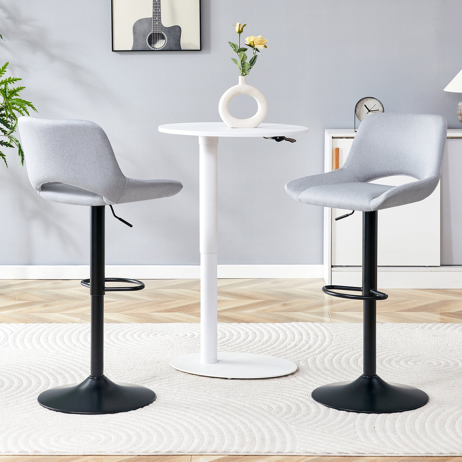 Light Gray Linen Bar Stools Set - 2 Swivel Adjustable Stools for Kitchen Islands