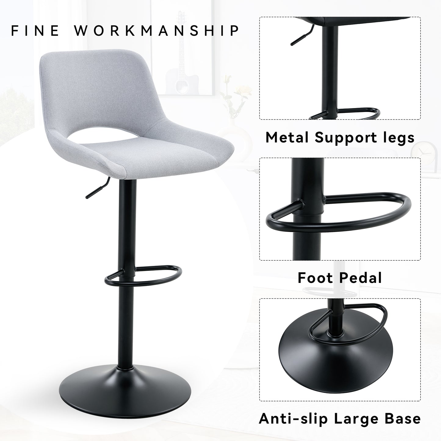 Light Gray Linen Bar Stools Set - 2 Swivel Adjustable Stools for Kitchen Islands