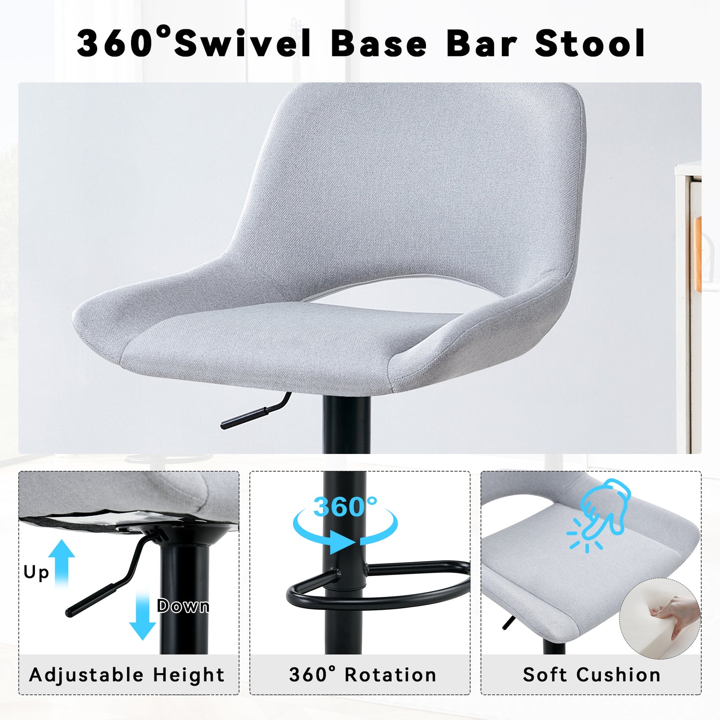 Light Gray Linen Bar Stools Set - 2 Swivel Adjustable Stools for Kitchen Islands