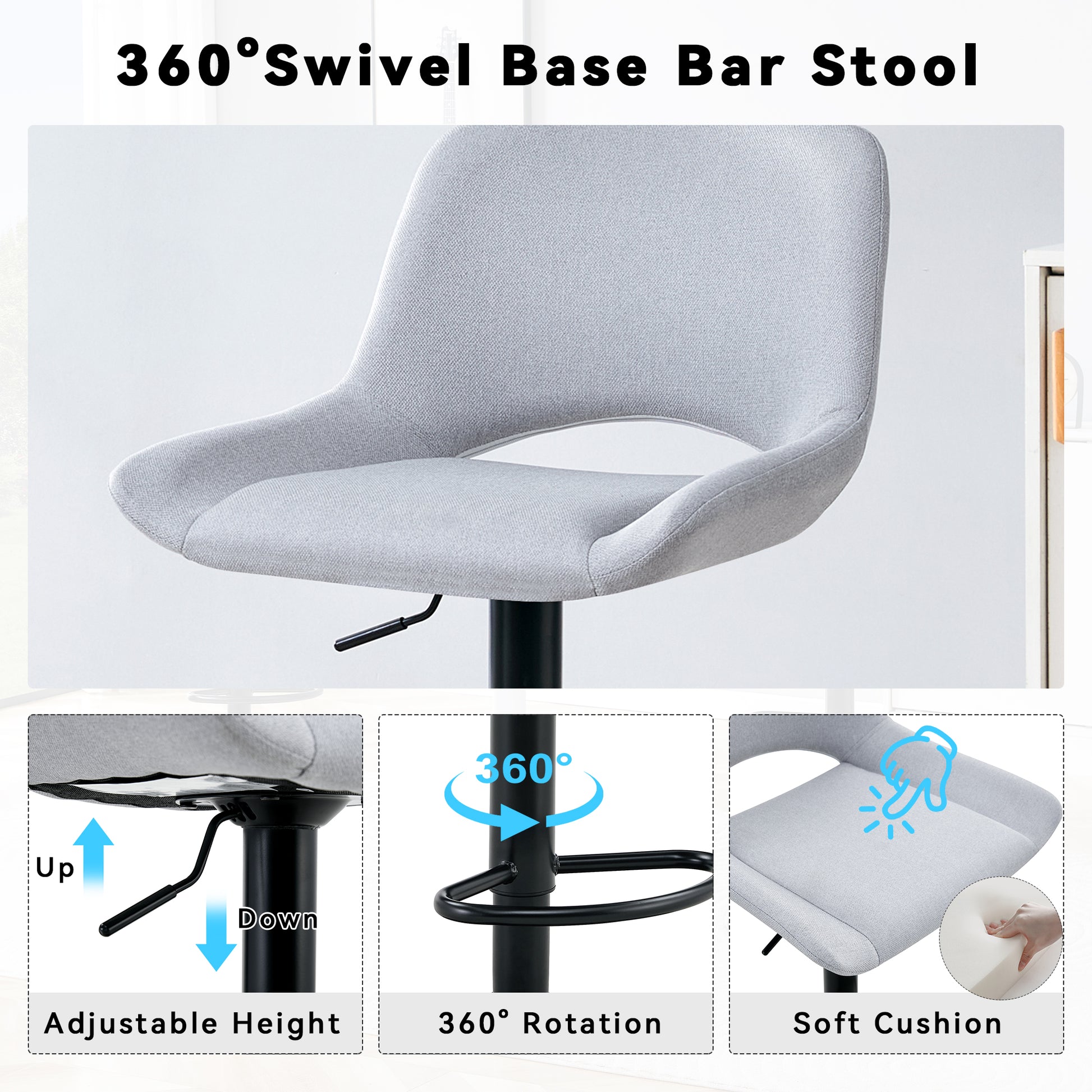 Light Gray Linen Bar Stools Set - 2 Swivel Adjustable Stools for Kitchen Islands