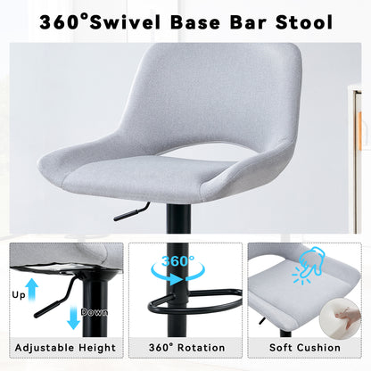 Light Gray Linen Bar Stools Set - 2 Swivel Adjustable Stools for Kitchen Islands