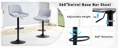 Light Gray Linen Bar Stools Set - 2 Swivel Adjustable Stools for Kitchen Islands