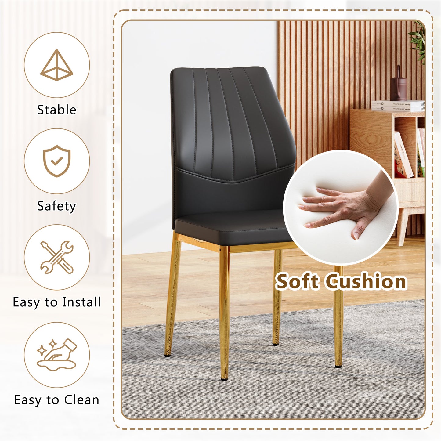 Black Gold Dining Chairs Set of 4 - Ergonomic PU Leather