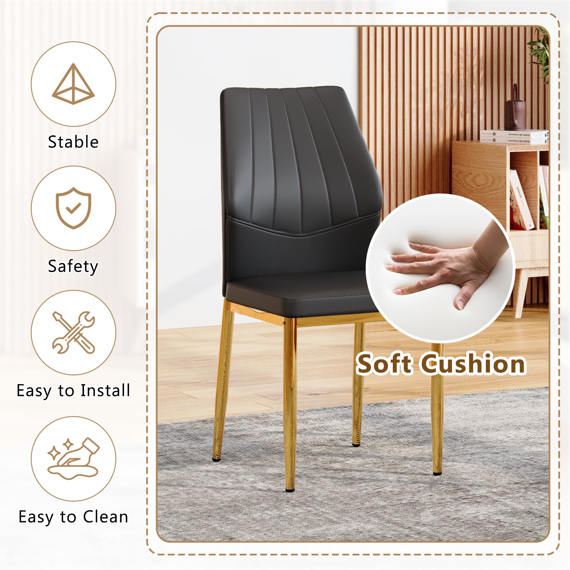 Black Gold Dining Chairs Set of 4 - Ergonomic PU Leather