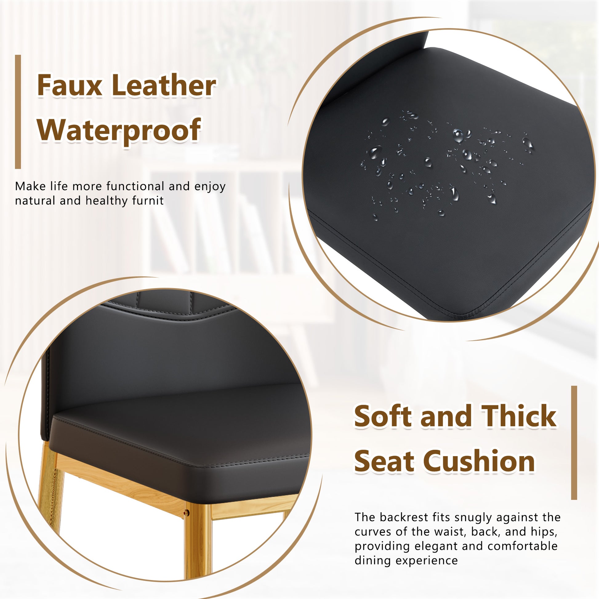 Black Gold Dining Chairs Set of 4 - Ergonomic PU Leather