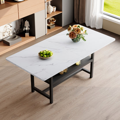 Minimalist White Black Dining Table with Storage and Metal Legs