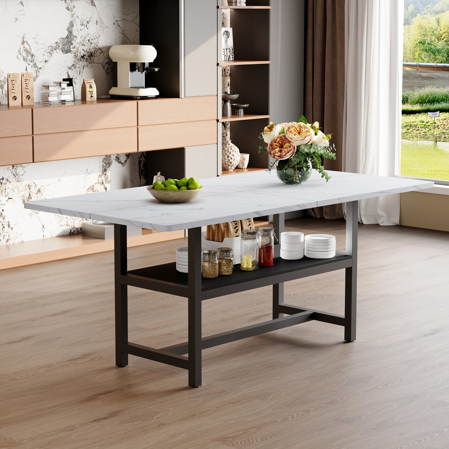 Minimalist White Black Dining Table with Storage and Metal Legs