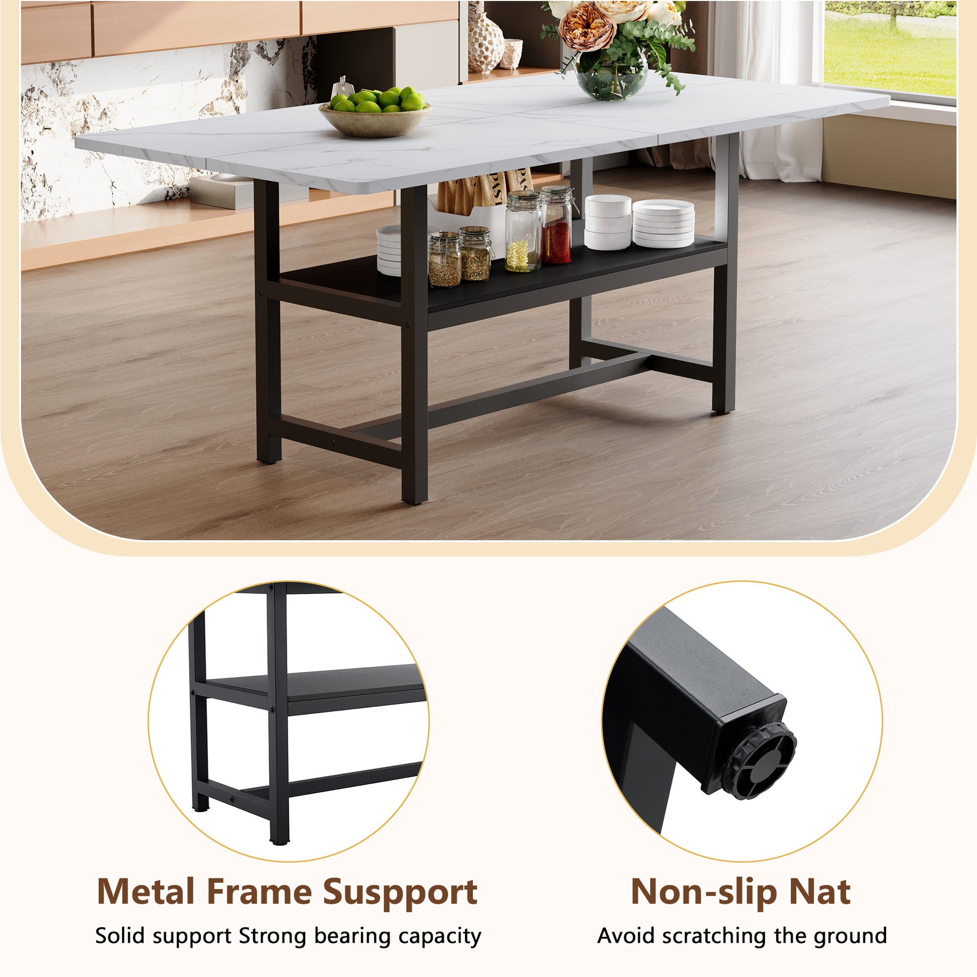 Minimalist White Black Dining Table with Storage and Metal Legs