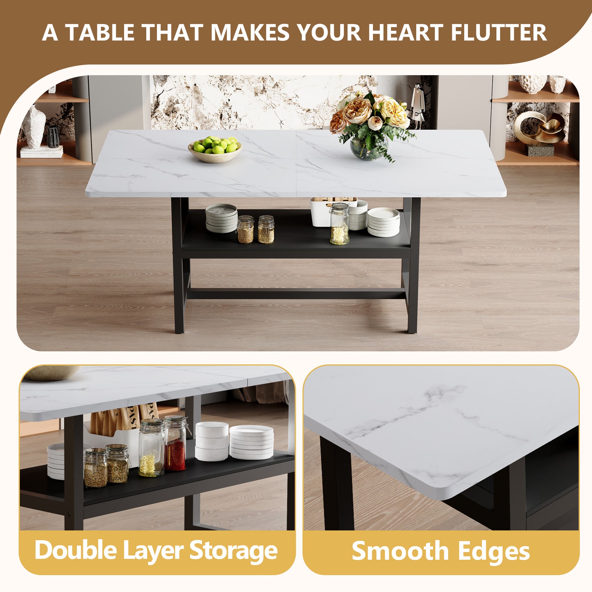 Minimalist White Black Dining Table with Storage and Metal Legs