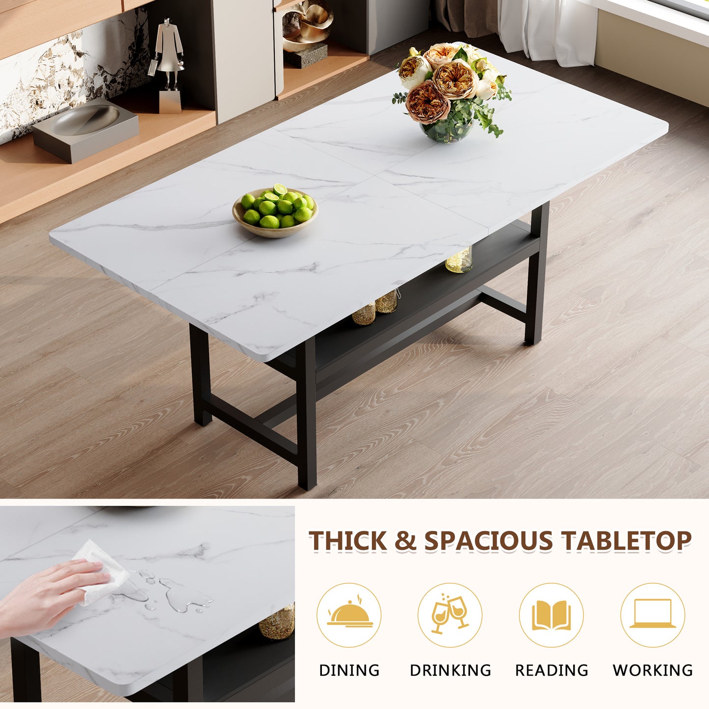 Minimalist White Black Dining Table with Storage and Metal Legs