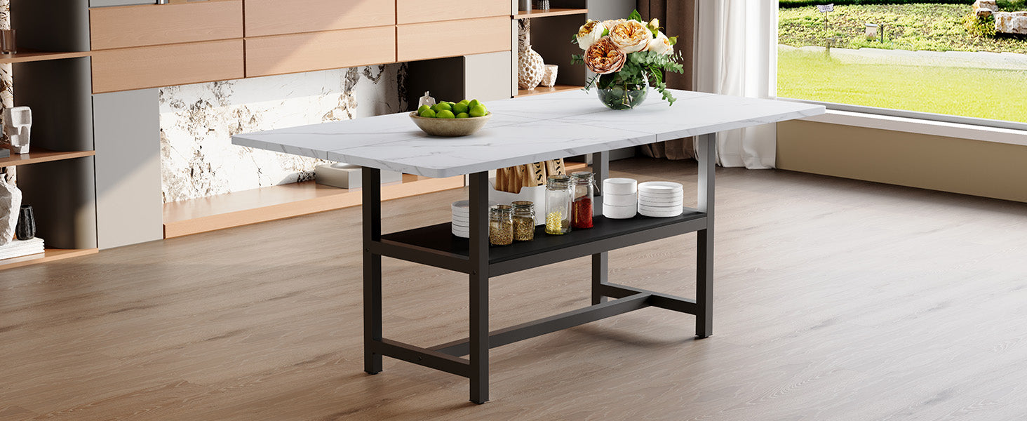 Minimalist White Black Dining Table with Storage and Metal Legs