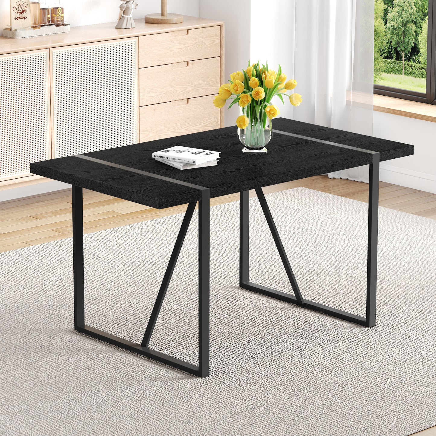 Black MDF Dining Table with Metal Legs, 55"x31.4"x30"