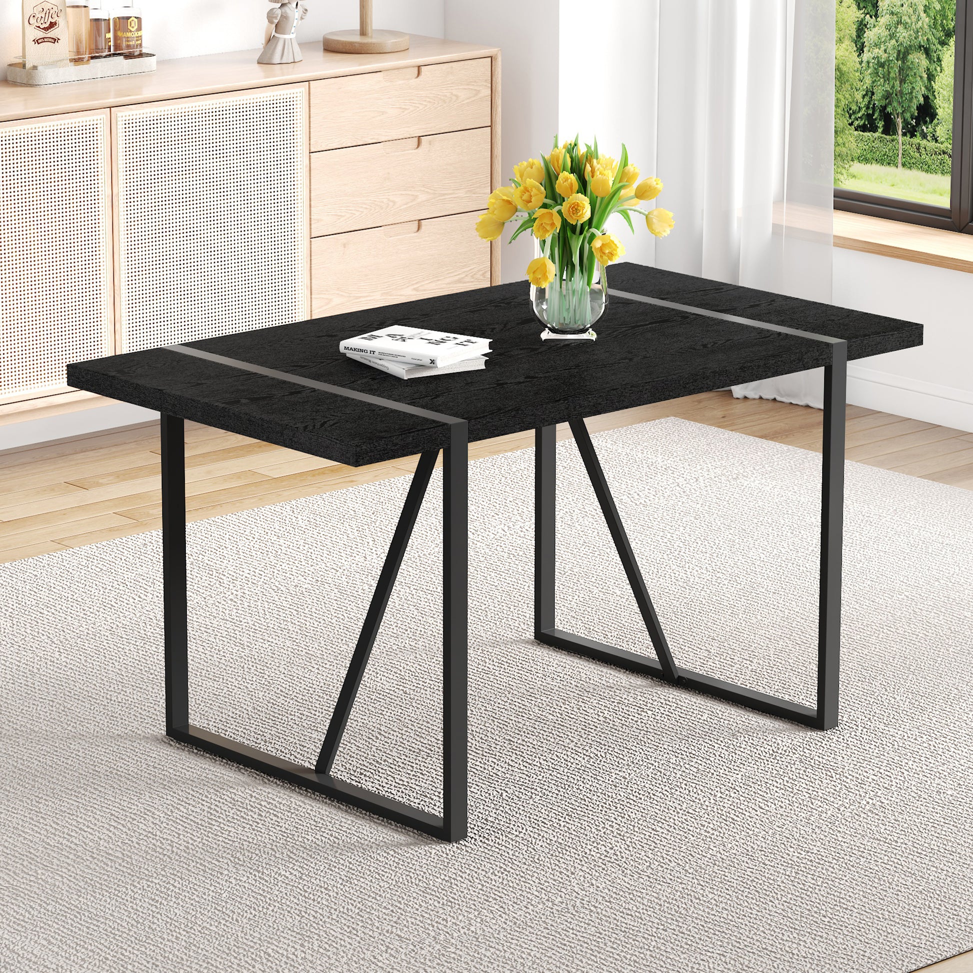 Black MDF Dining Table with Metal Legs, 55"x31.4"x30"