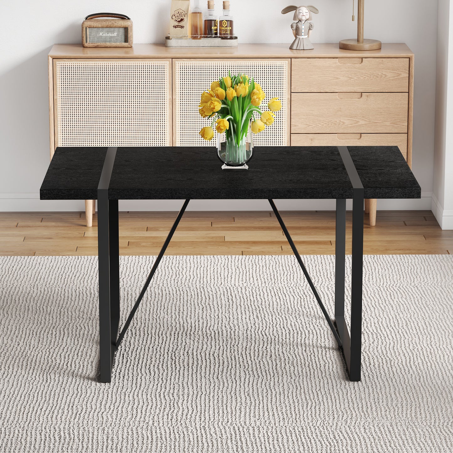 Black MDF Dining Table with Metal Legs, 55"x31.4"x30"