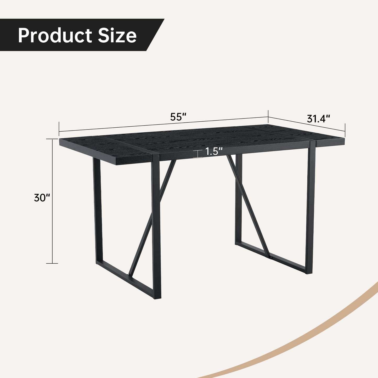 Black MDF Dining Table with Metal Legs, 55"x31.4"x30"