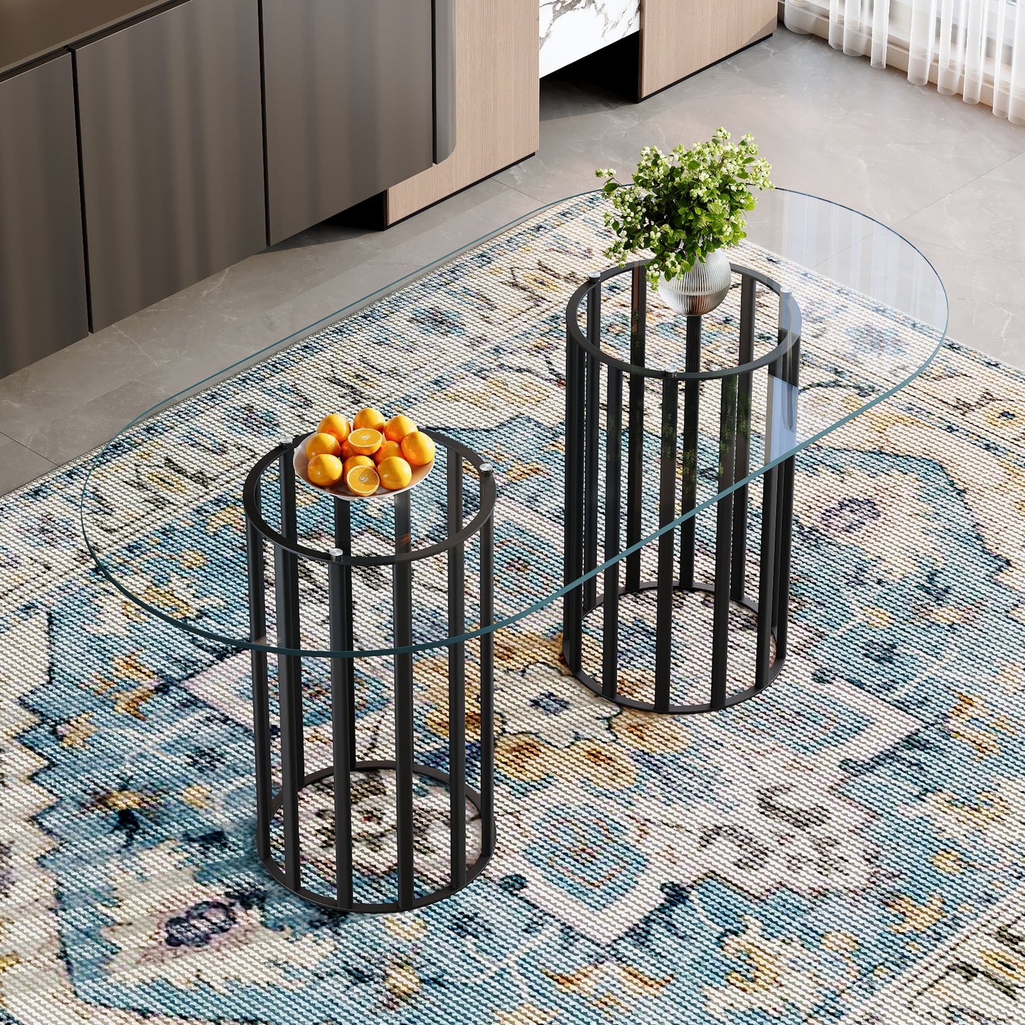 71 inch glass dining table with black metal base for modern kitchen