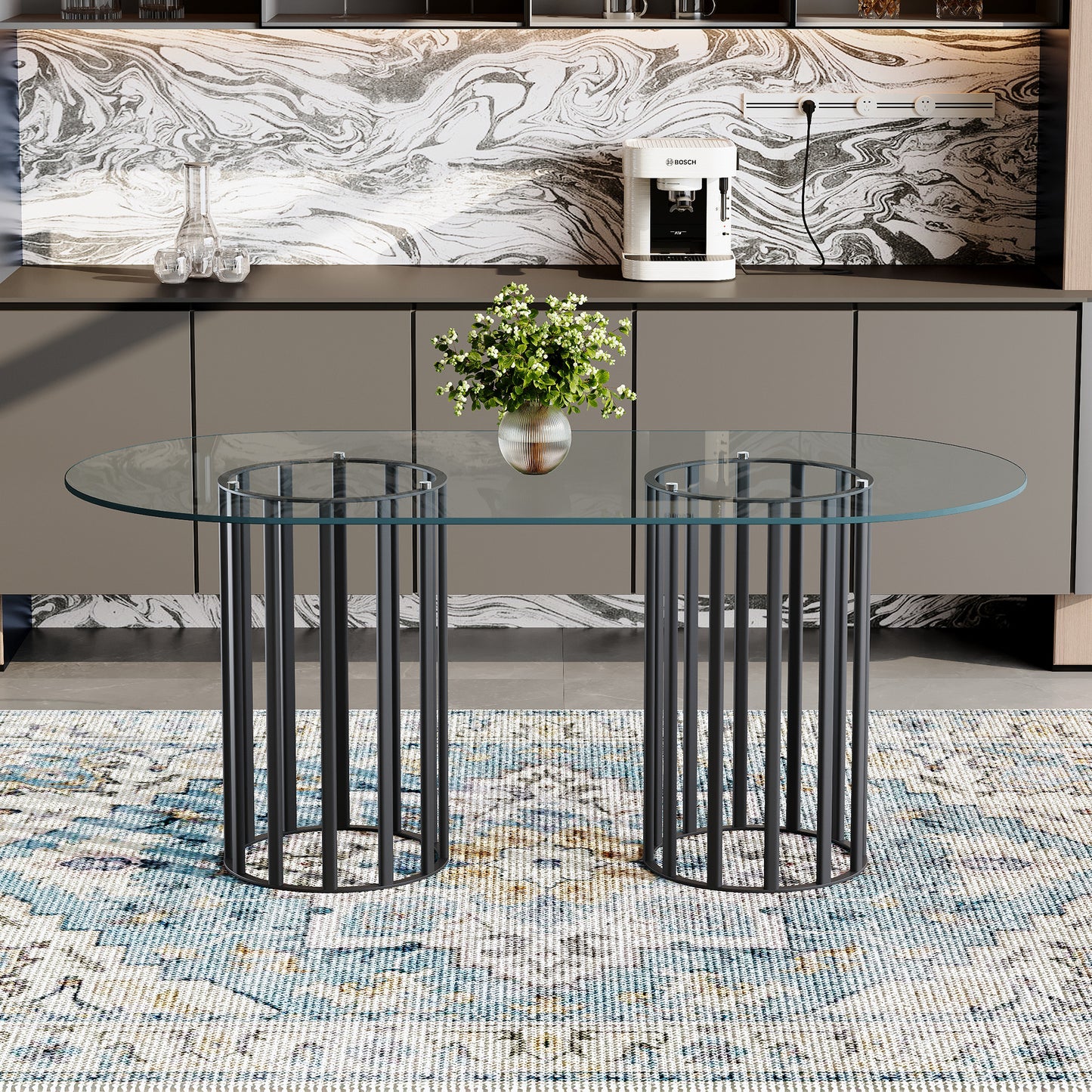 71 inch glass dining table with black metal base for modern kitchen