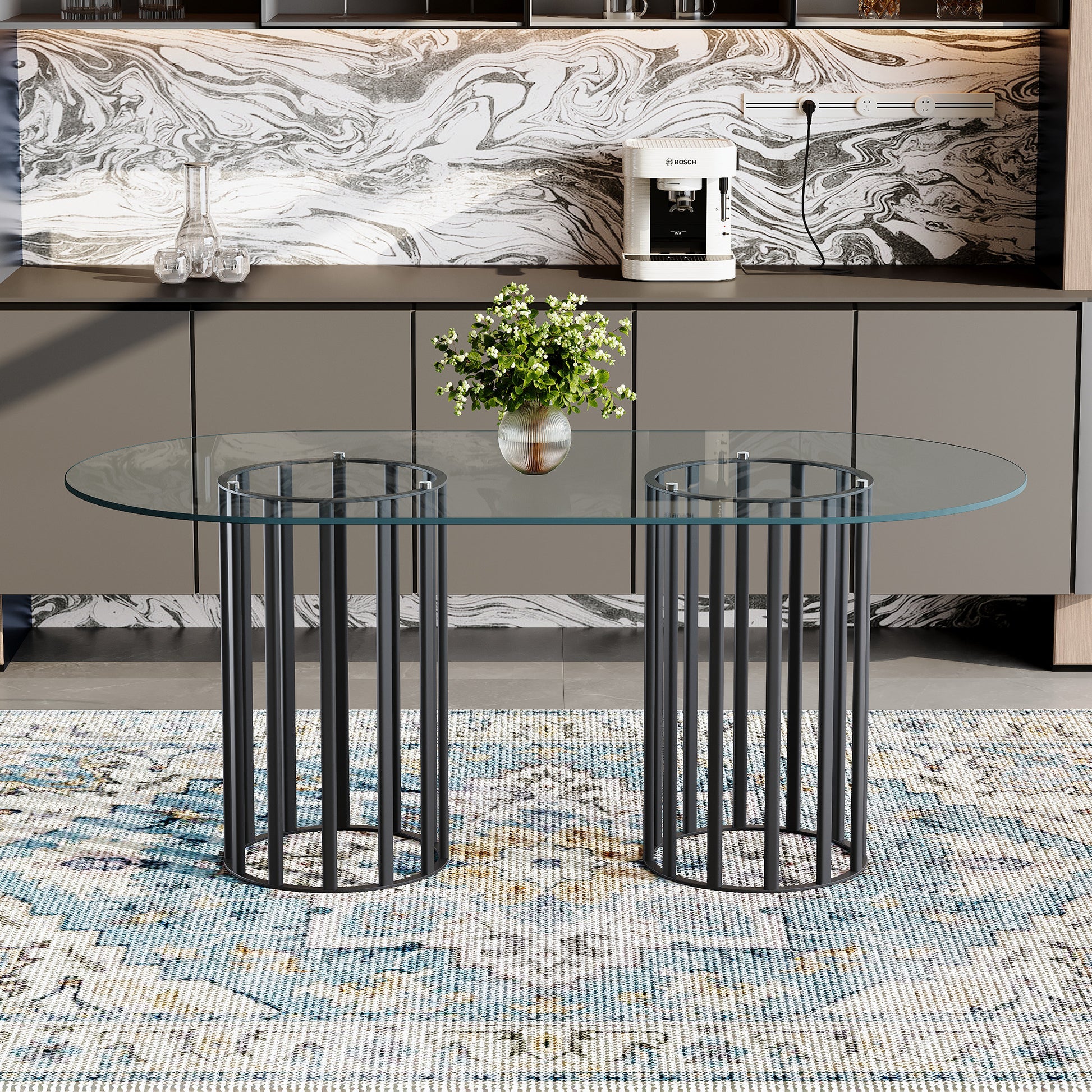 71 inch glass dining table with black metal base for modern kitchen