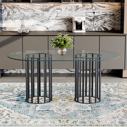 71 inch glass dining table with black metal base for modern kitchen