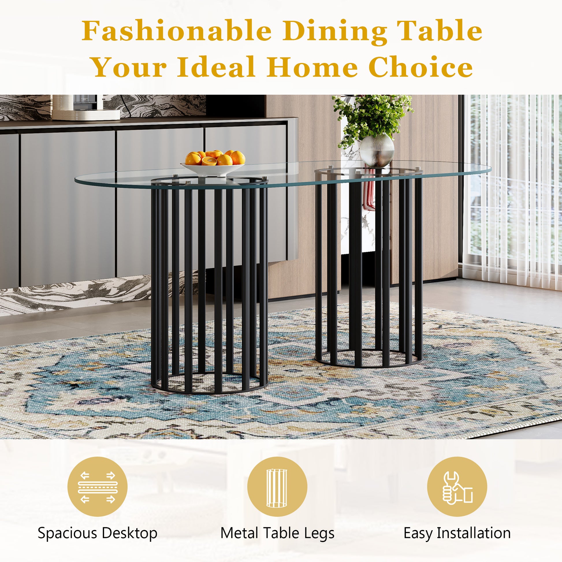 71 inch glass dining table with black metal base for modern kitchen