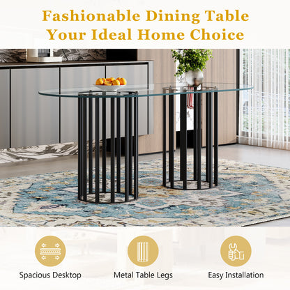 71 inch glass dining table with black metal base for modern kitchen