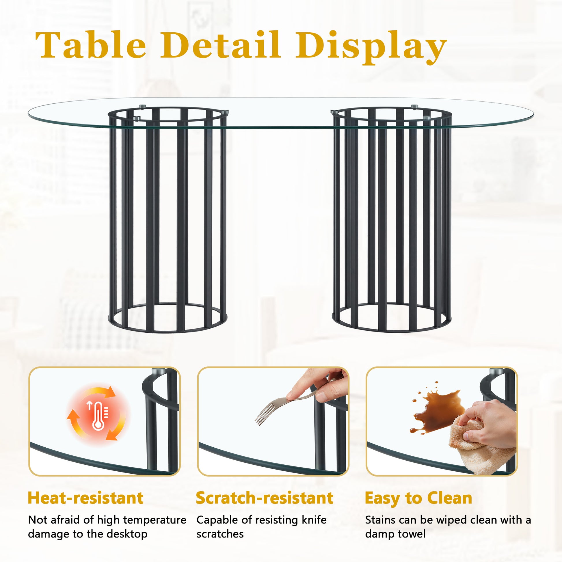 71 inch glass dining table with black metal base for modern kitchen