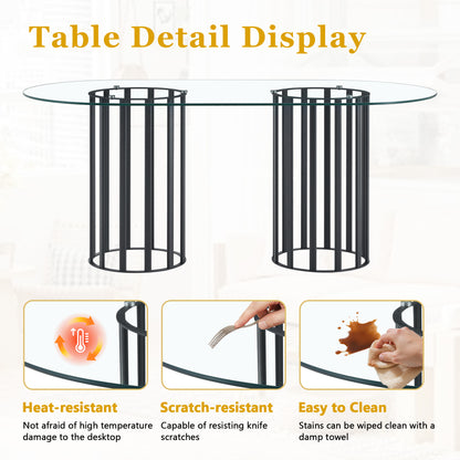 71 inch glass dining table with black metal base for modern kitchen
