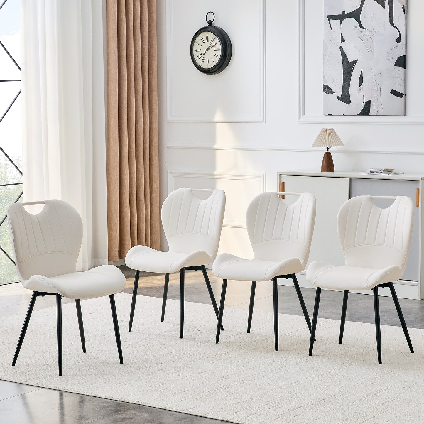 Set of 4 White PU Dining Chairs with Integrated Handle. Black Metal Frame, Adjustable Leveling Feet. Home Dining Chairs with Extra-Wide Comfortable Cushion, Versatile for Multiple Scenarios.