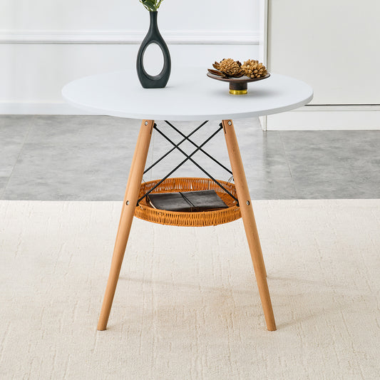 31.5 Inch Round Dining Table - White MDF, Wood Legs & Storage Basket for Dining Room