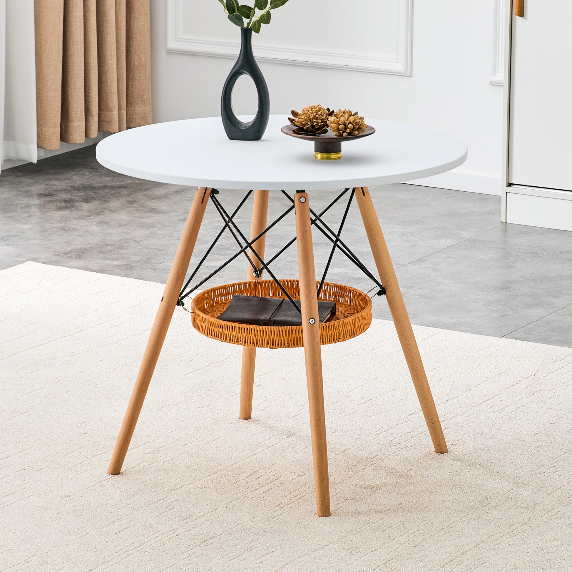 31.5 Inch Round Dining Table - White MDF, Wood Legs & Storage Basket for Dining Room