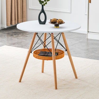 31.5 Inch Round Dining Table - White MDF, Wood Legs & Storage Basket for Dining Room