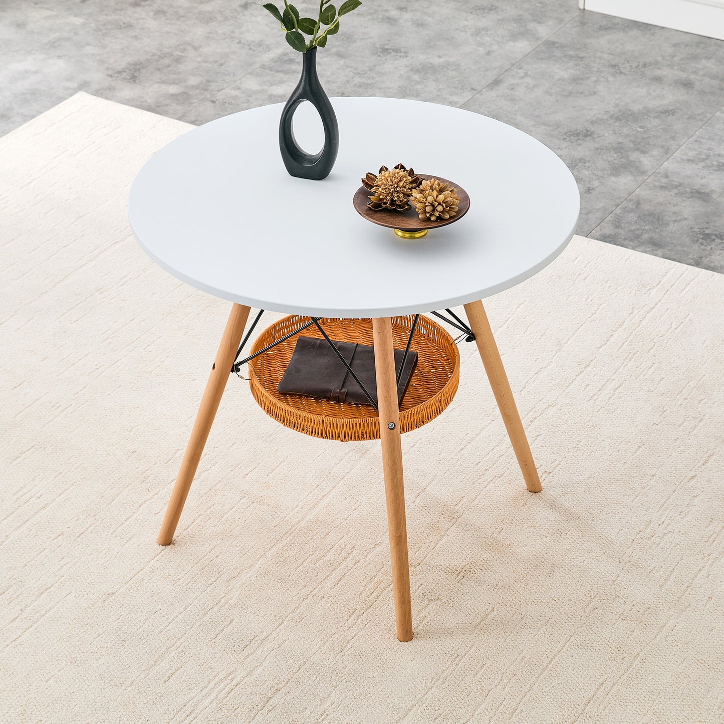31.5 Inch Round Dining Table - White MDF, Wood Legs & Storage Basket for Dining Room
