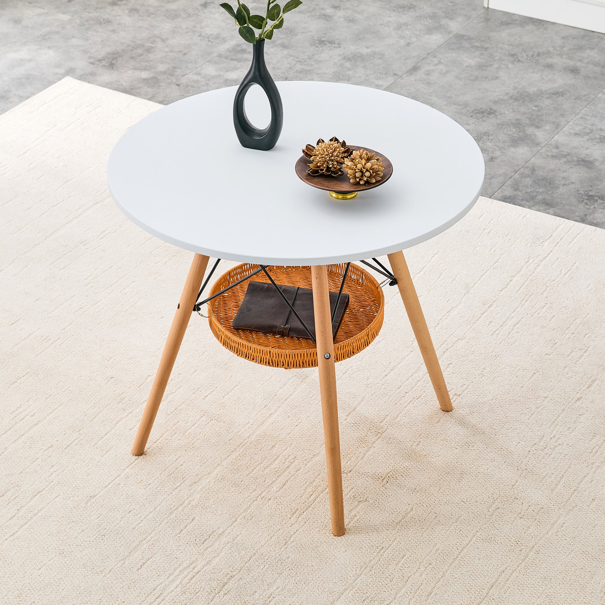 31.5 Inch Round Dining Table - White MDF, Wood Legs & Storage Basket for Dining Room