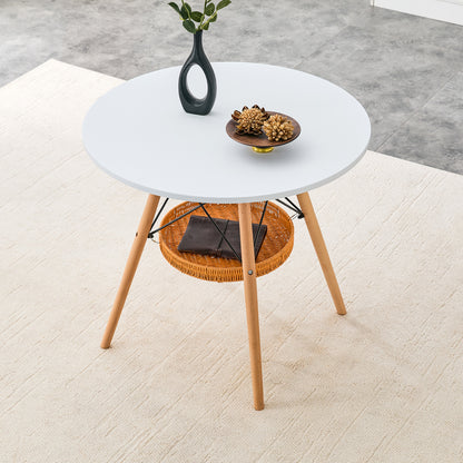 31.5 Inch Round Dining Table - White MDF, Wood Legs & Storage Basket for Dining Room