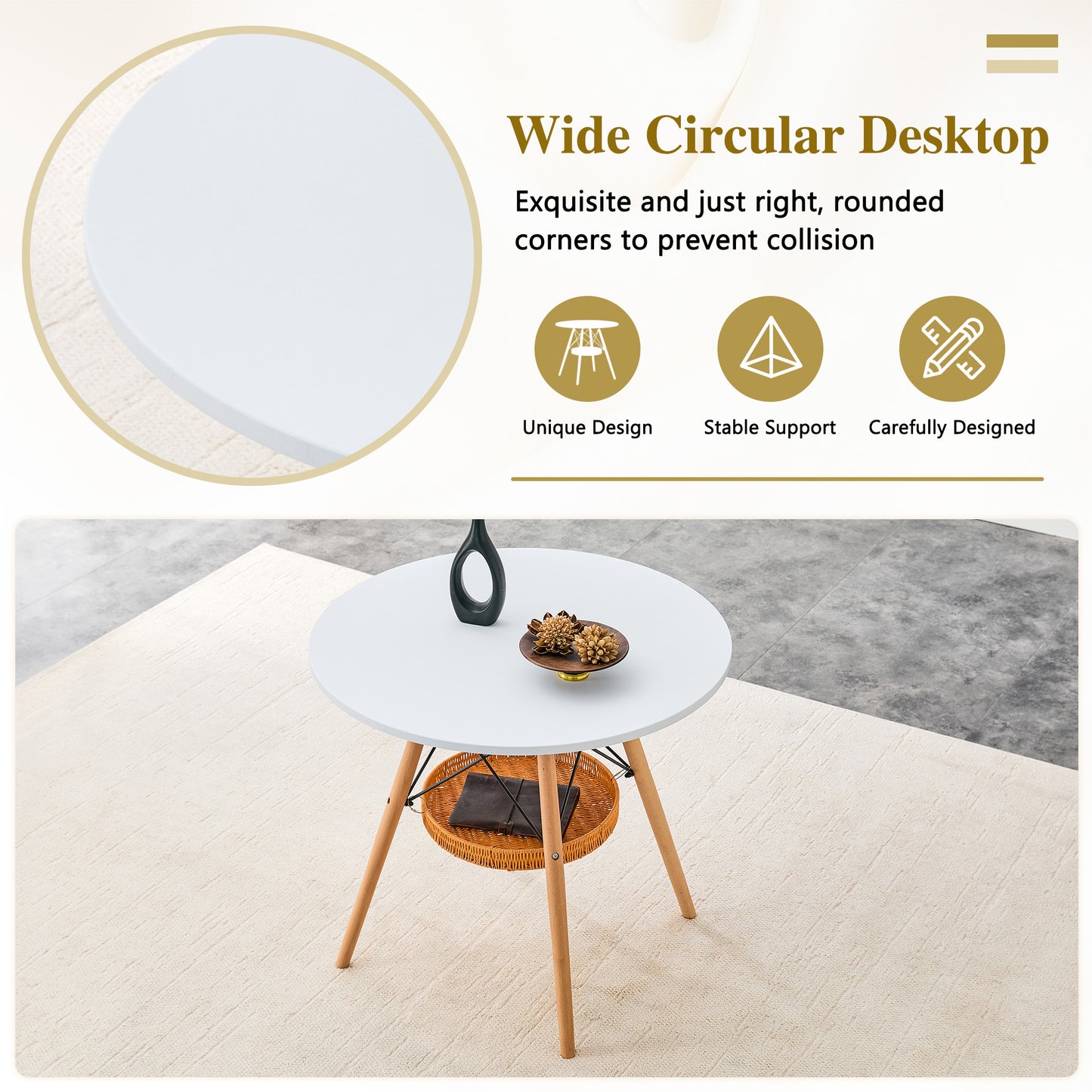 31.5 Inch Round Dining Table - White MDF, Wood Legs & Storage Basket for Dining Room