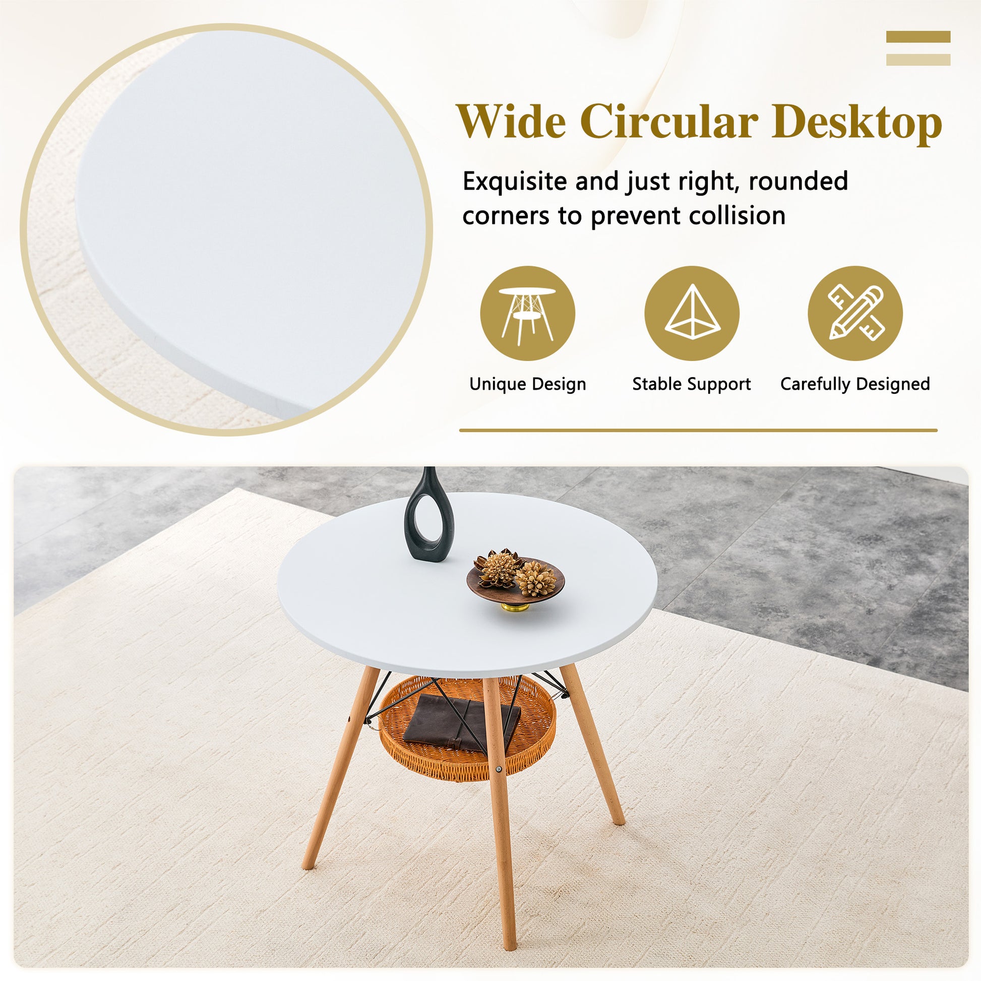 31.5 Inch Round Dining Table - White MDF, Wood Legs & Storage Basket for Dining Room
