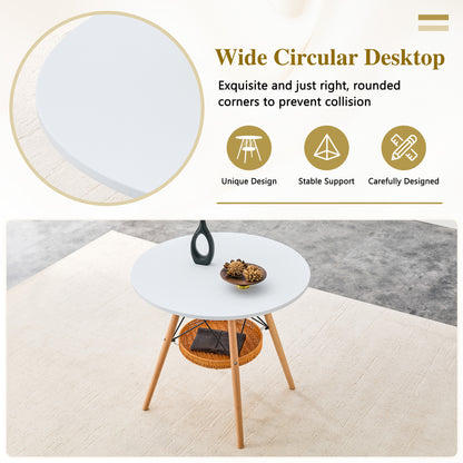 31.5 Inch Round Dining Table - White MDF, Wood Legs & Storage Basket for Dining Room