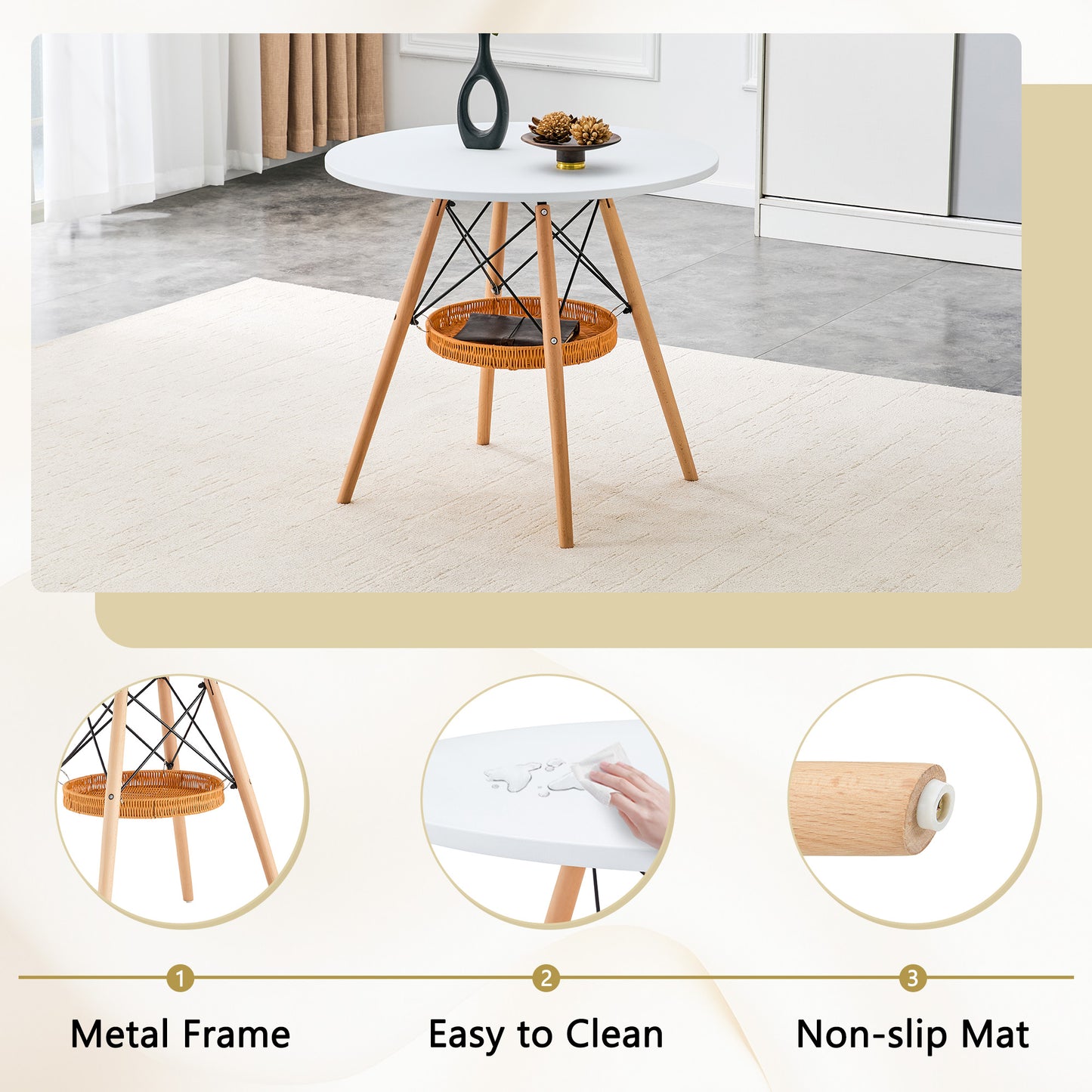 31.5 Inch Round Dining Table - White MDF, Wood Legs & Storage Basket for Dining Room