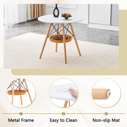 31.5 Inch Round Dining Table - White MDF, Wood Legs & Storage Basket for Dining Room